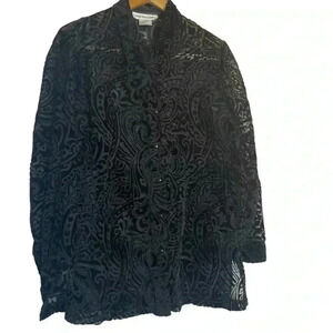 Vintage Black Velvet Burnout Sheer Button Up Blouse Small Whimsigoth Party